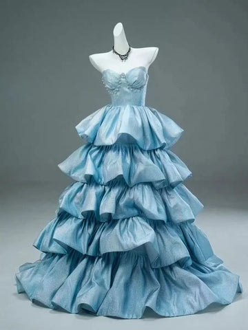 Blue A Line Sweetheart Neck Pearls Layered Satin Long Prom Dress Evening Dress HZ1023